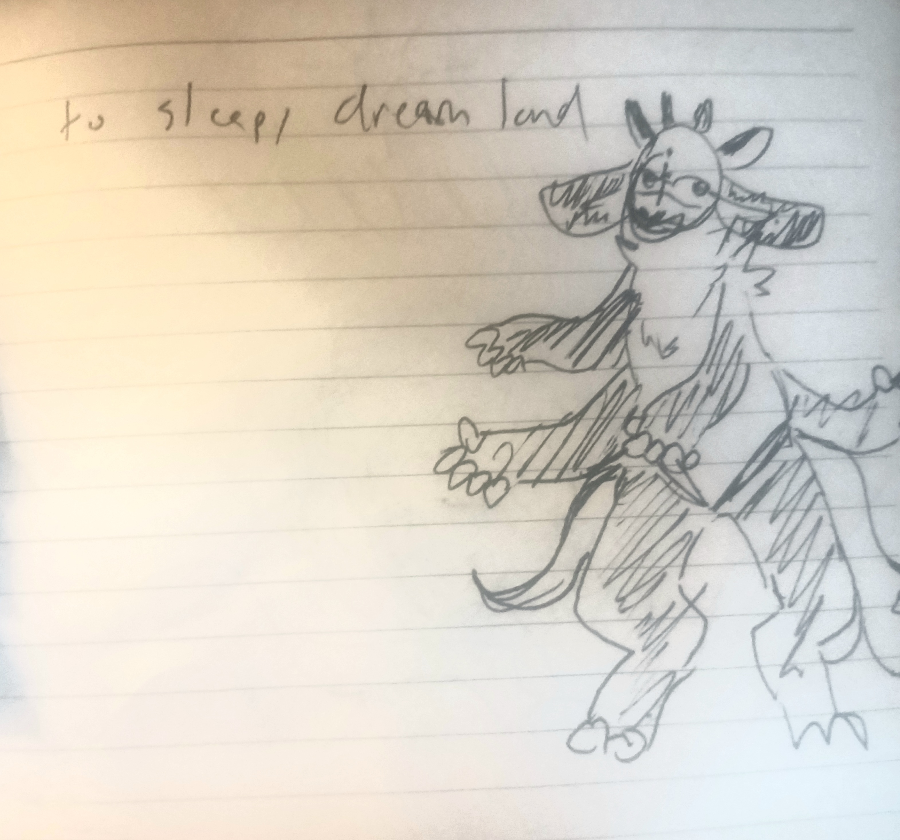 drawing of OPOMO, written next to it is 'to sleepy dreamland'